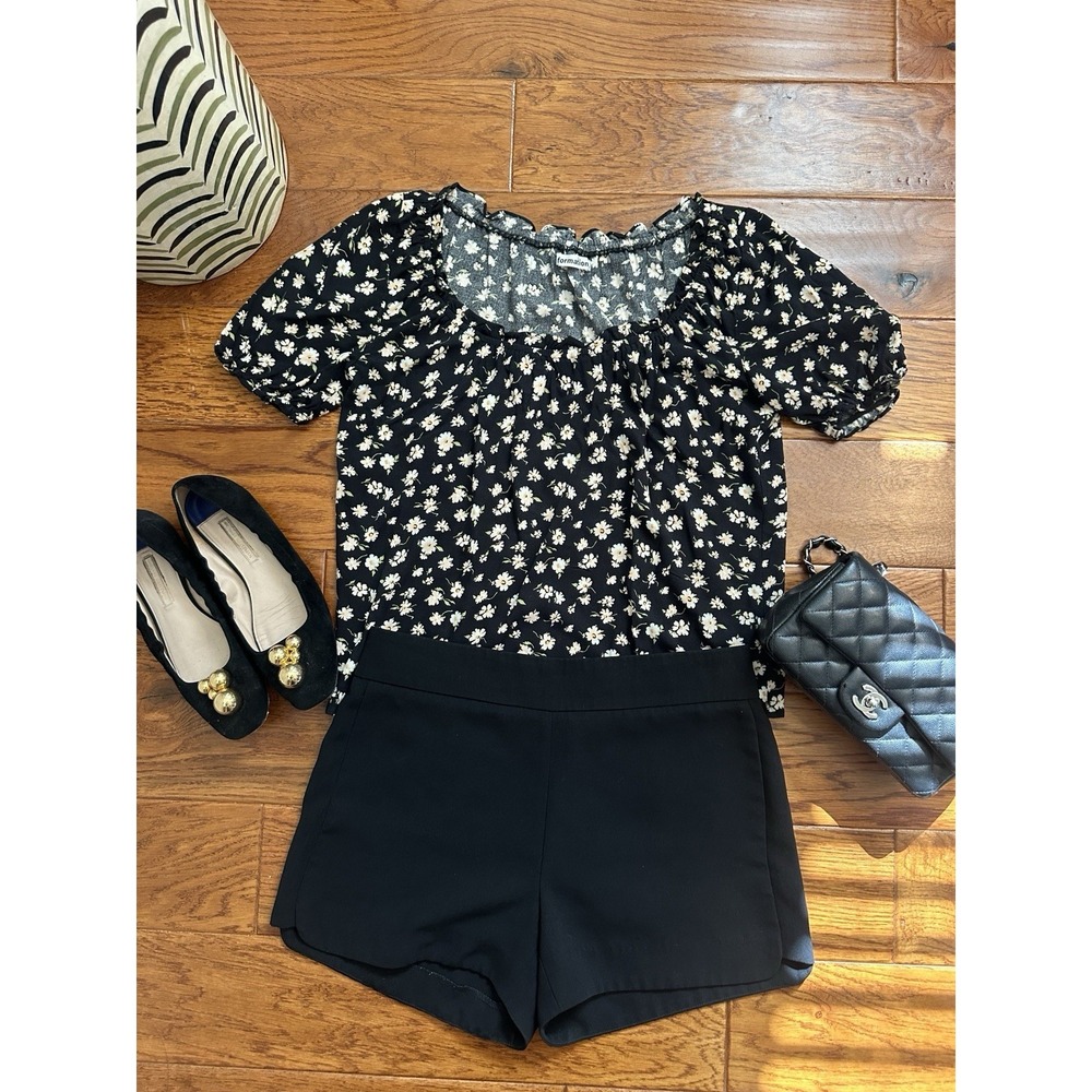 Reformation Daisy Floral Top Blouse Size XS Black White Smocked Short Sleeve
